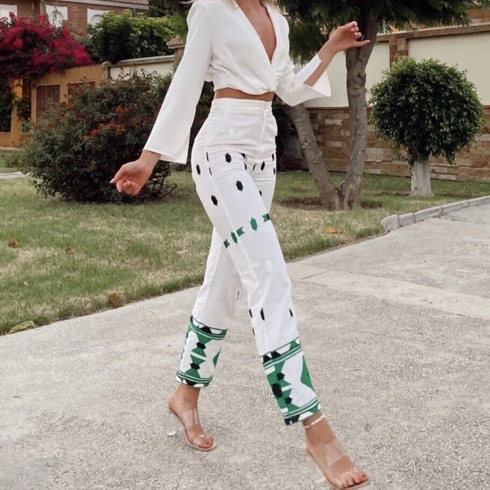 ZARA White Geometric Embroidered‎ Linen Blend Pants NWT